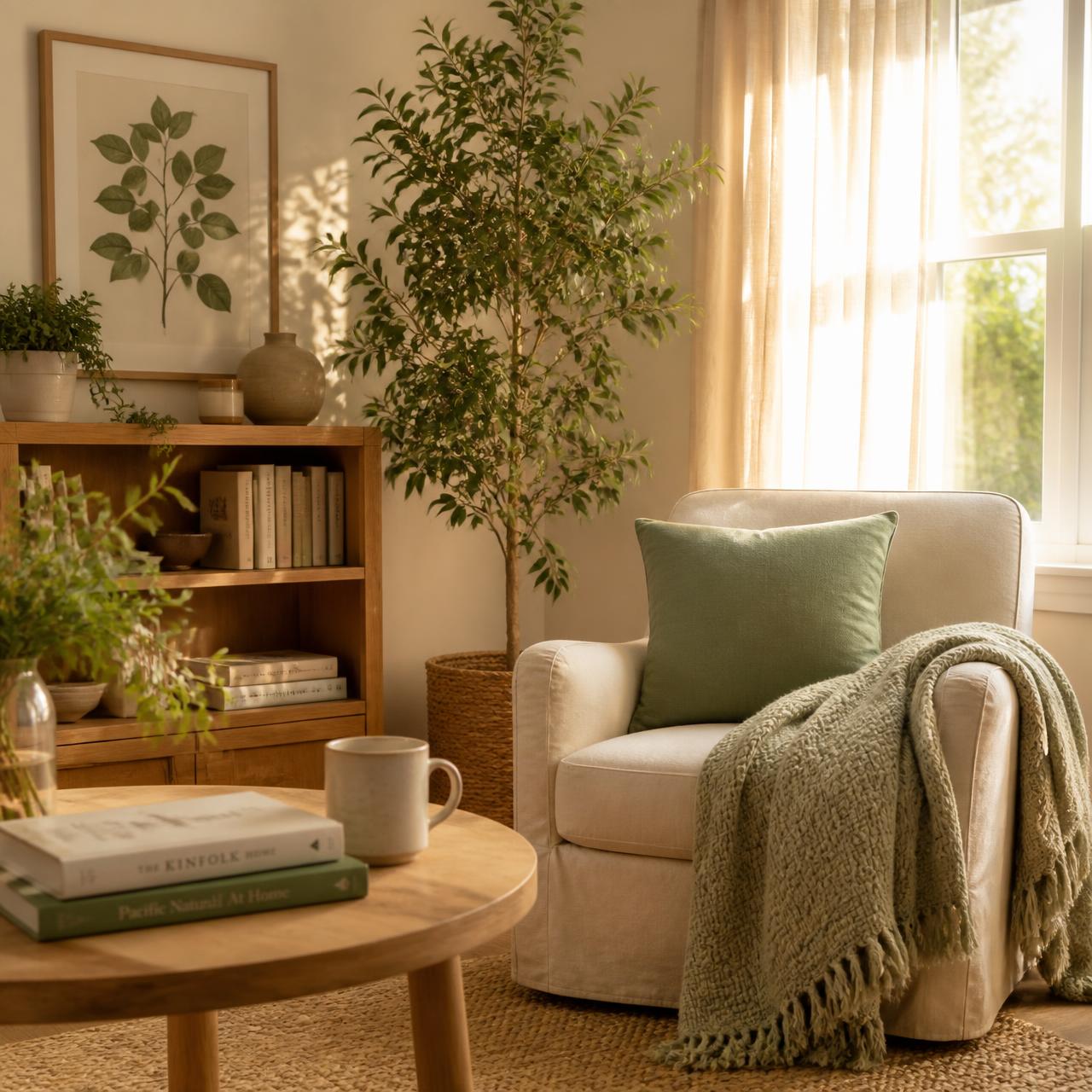 A cozy sunlit living room with a cream armchair, sage green cushion, plants, and books